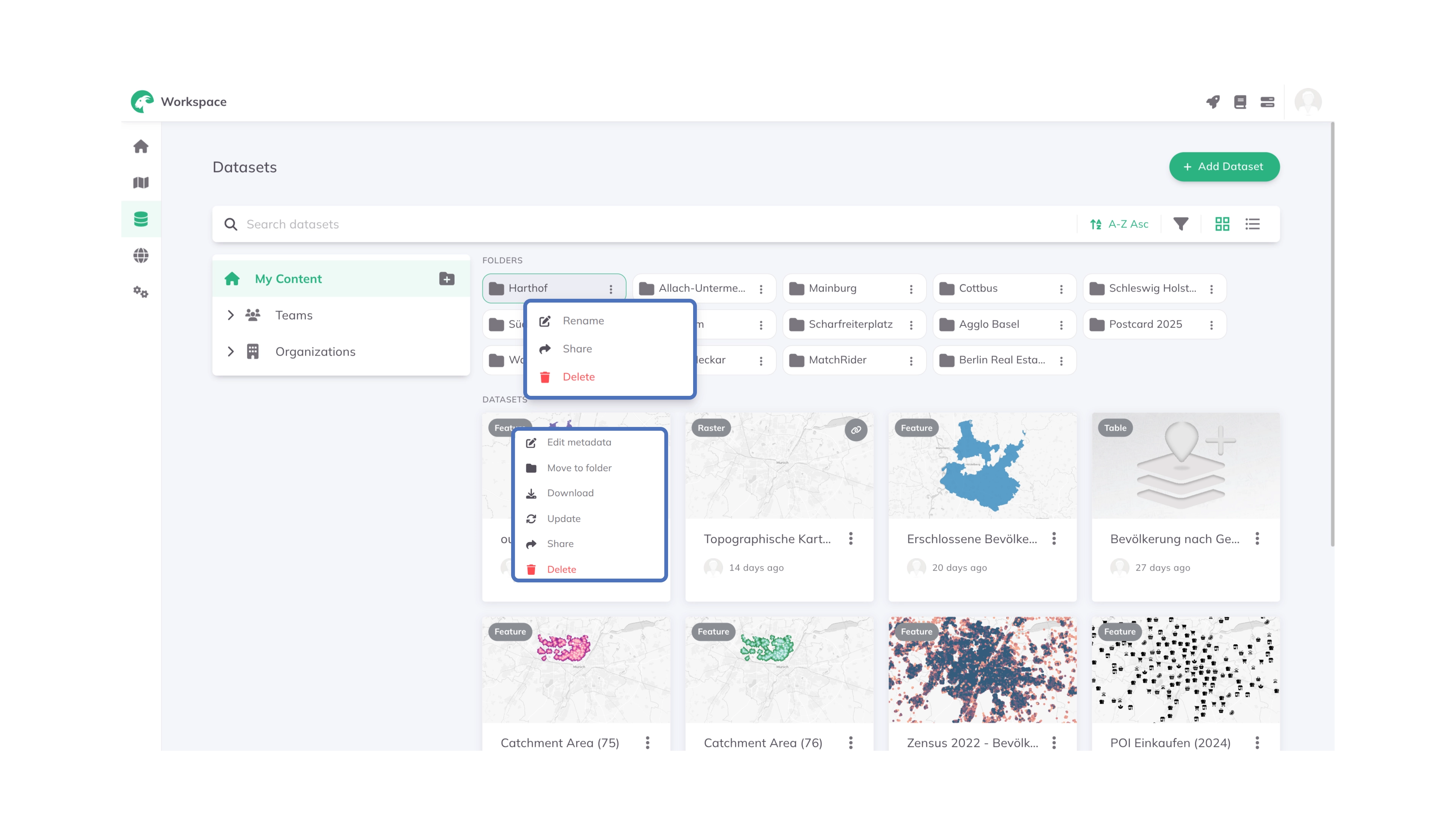 Datasets Page in Workspace of GOAT