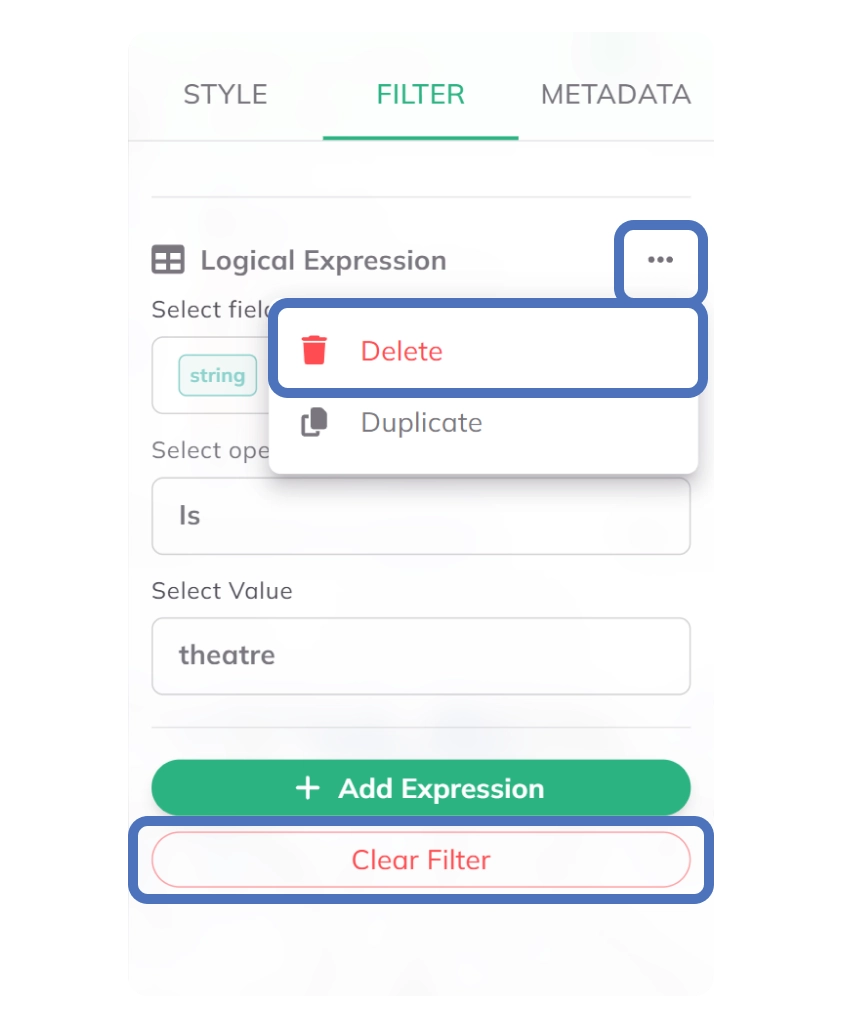 Delete expression and clear filters