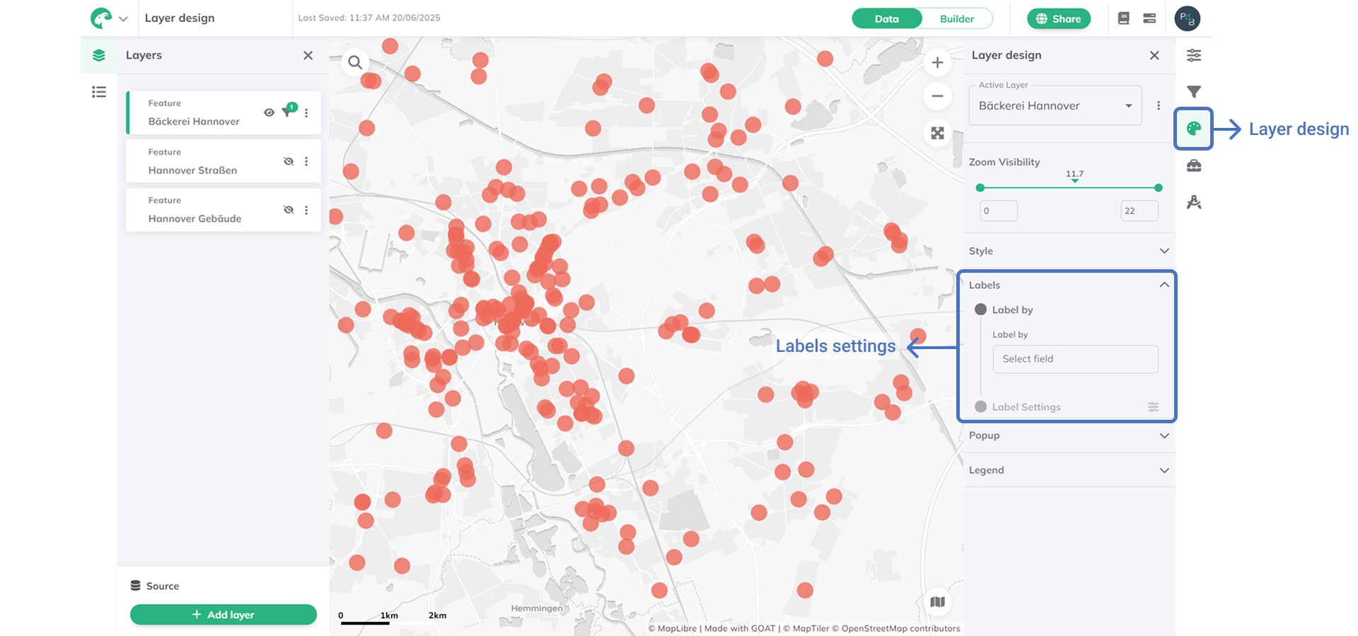 Labels displayed on map features