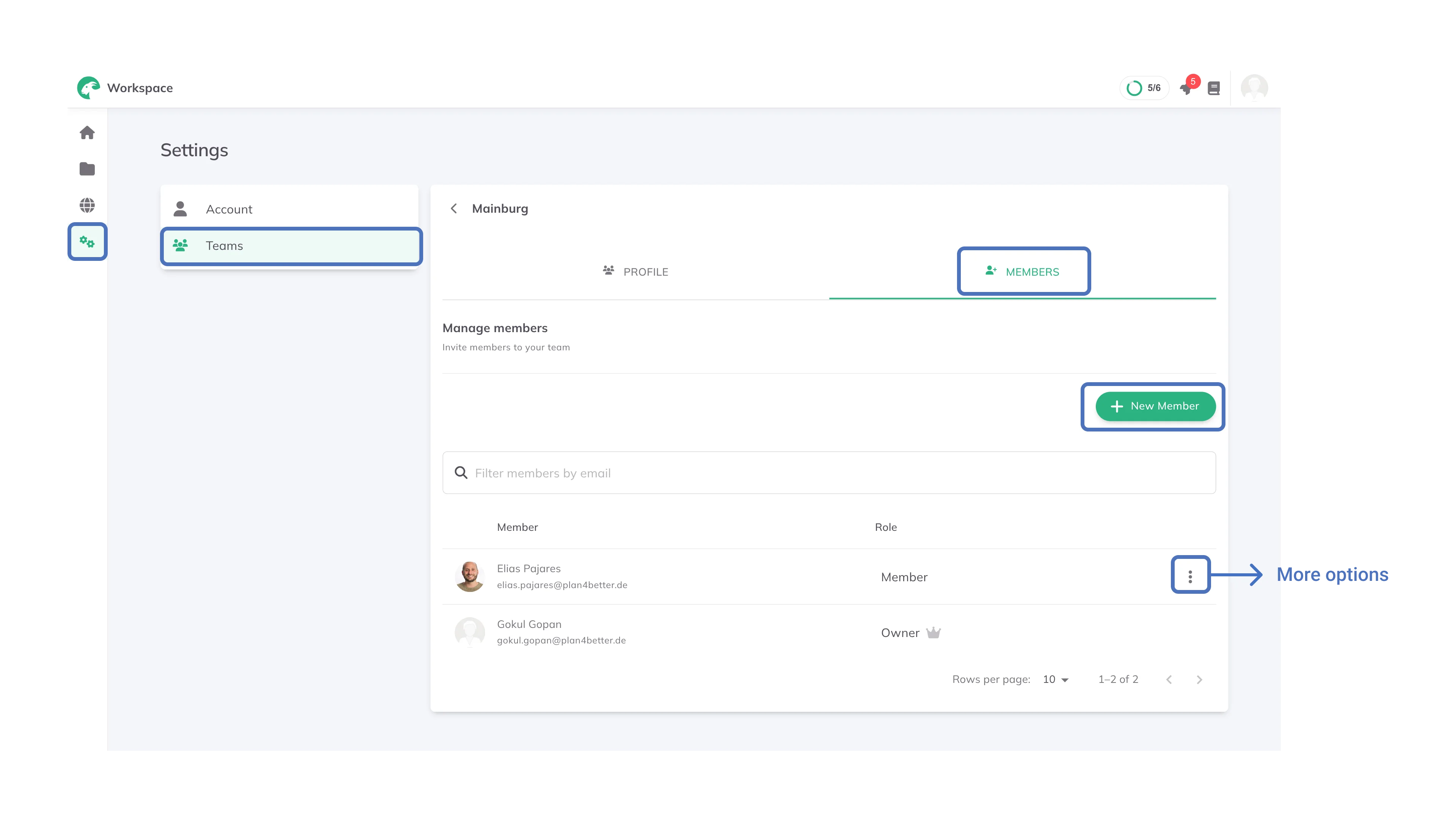 Managing team members in Settings