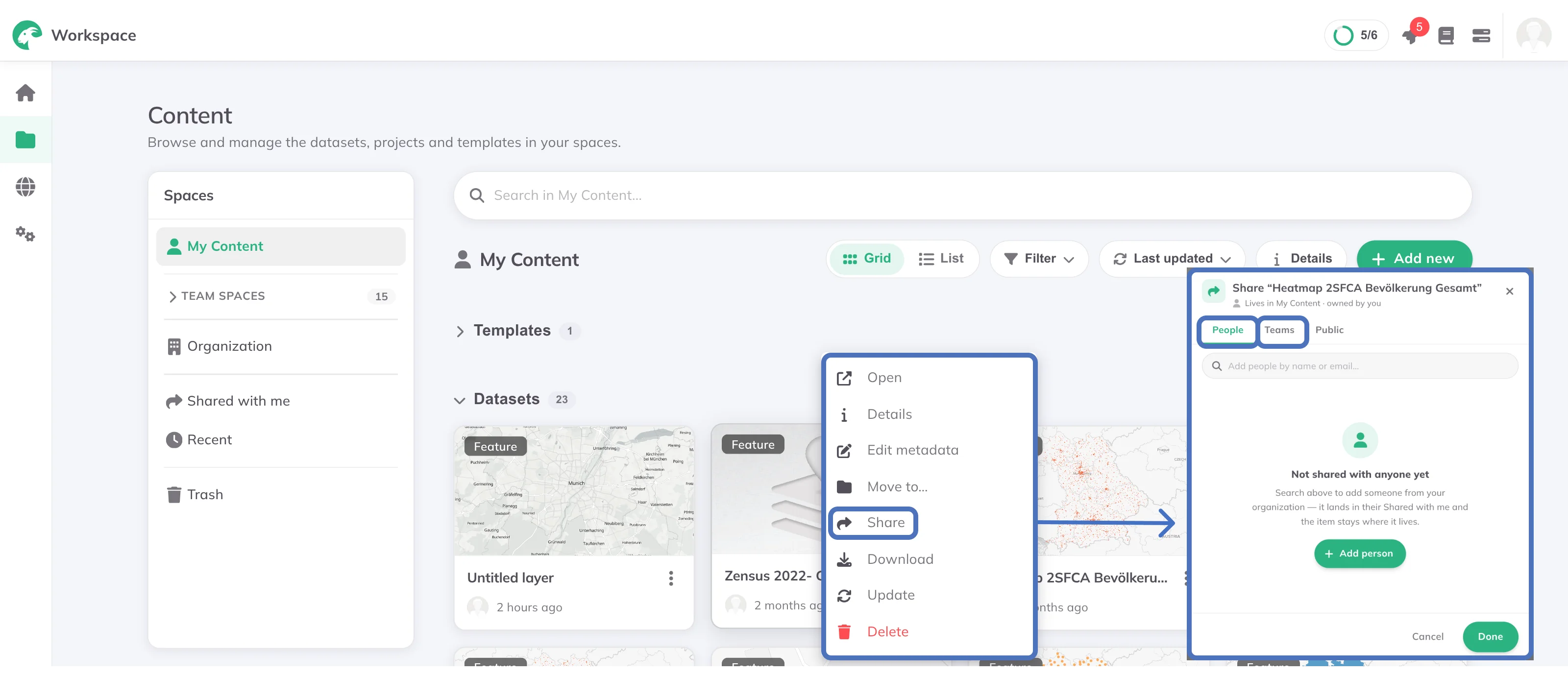 Opening Share and the People, Teams and Public tabs