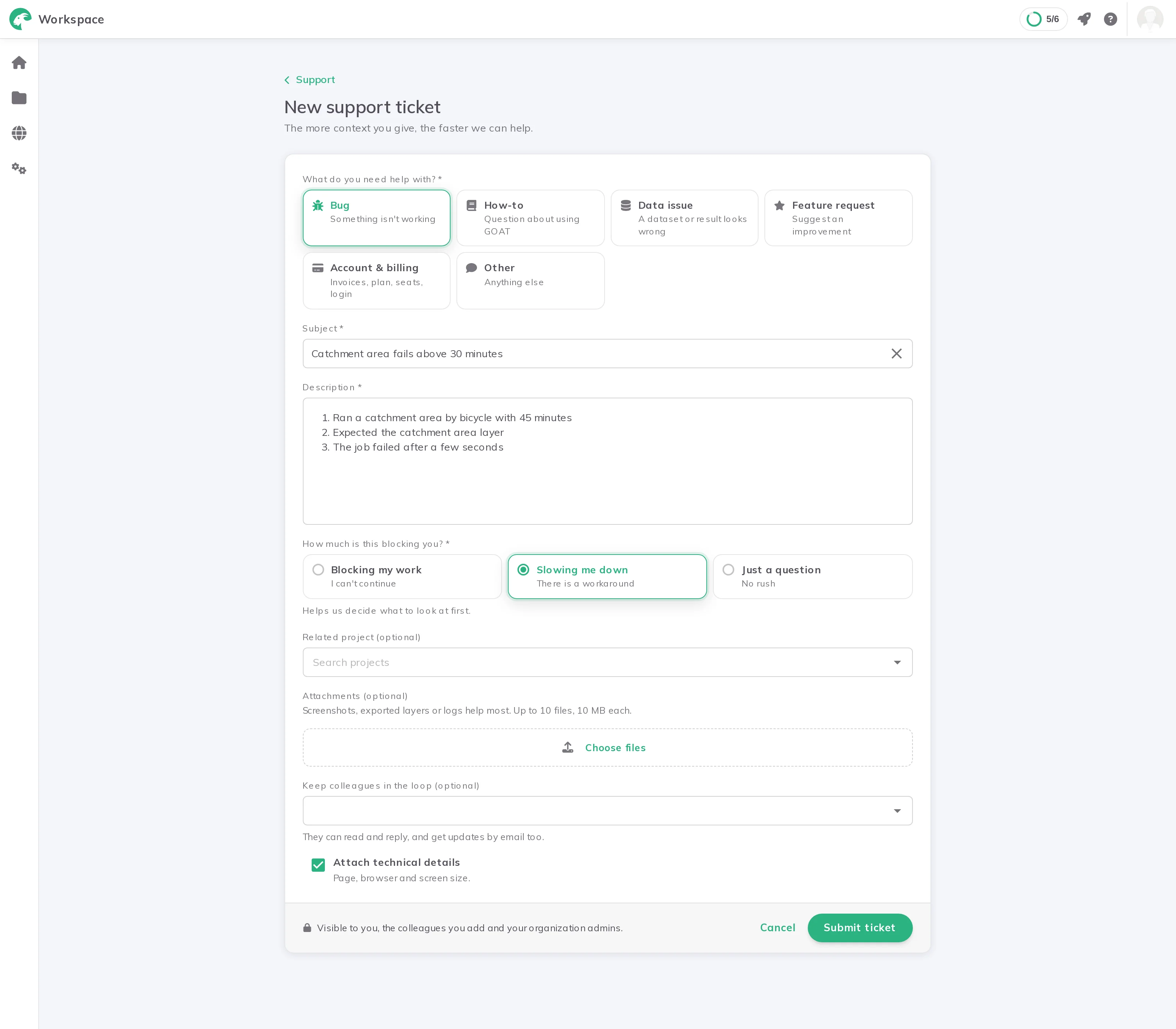 The New support ticket form