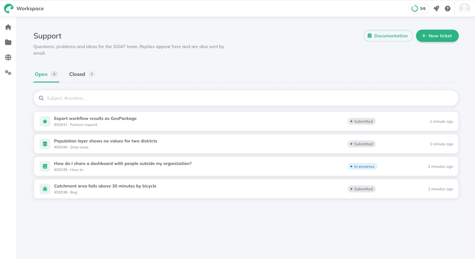 The Support page with open tickets and their status