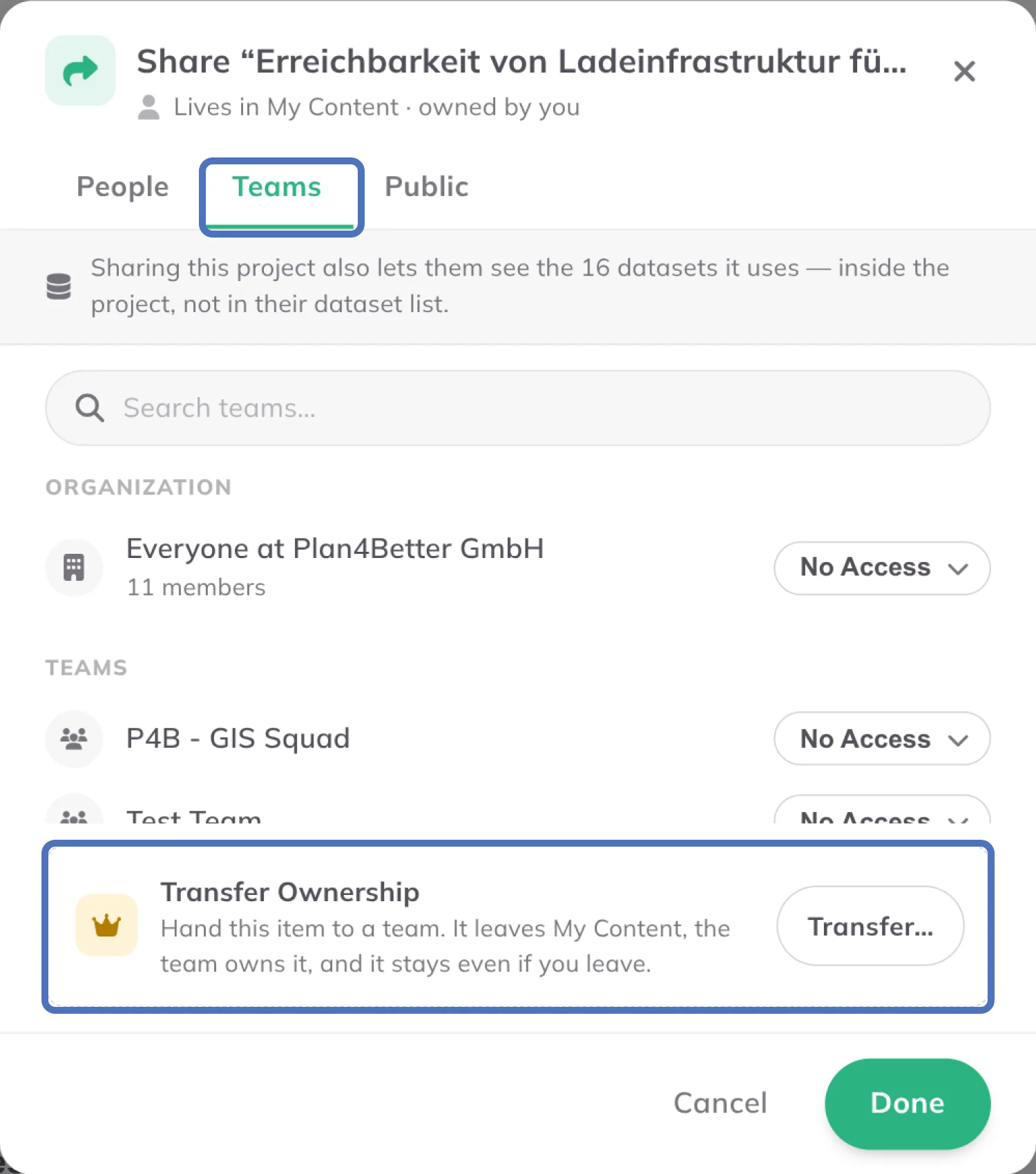 Transfer ownership on the Teams tab of the Share dialog