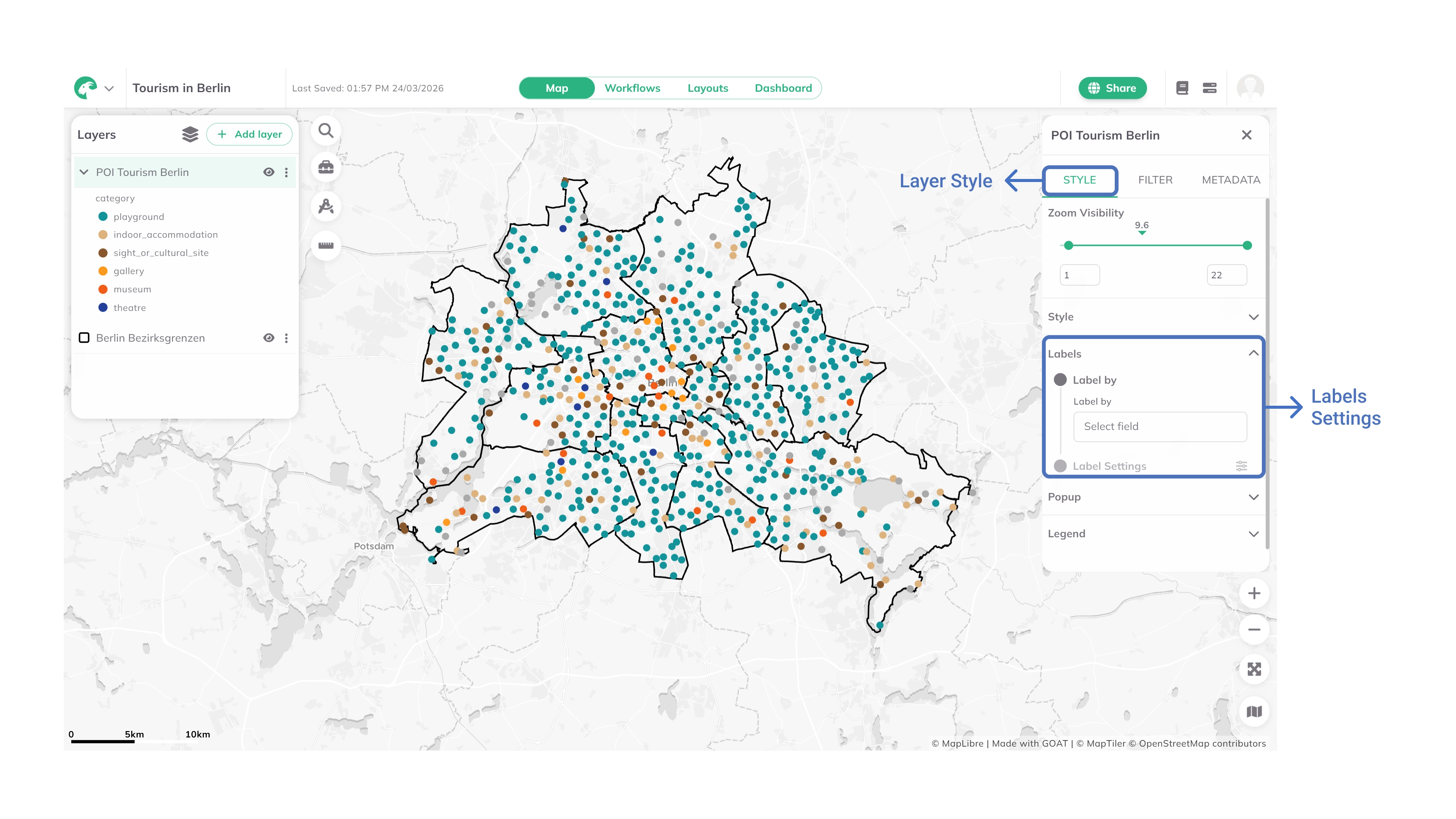 Beschriftungen auf Karten-Features angezeigt