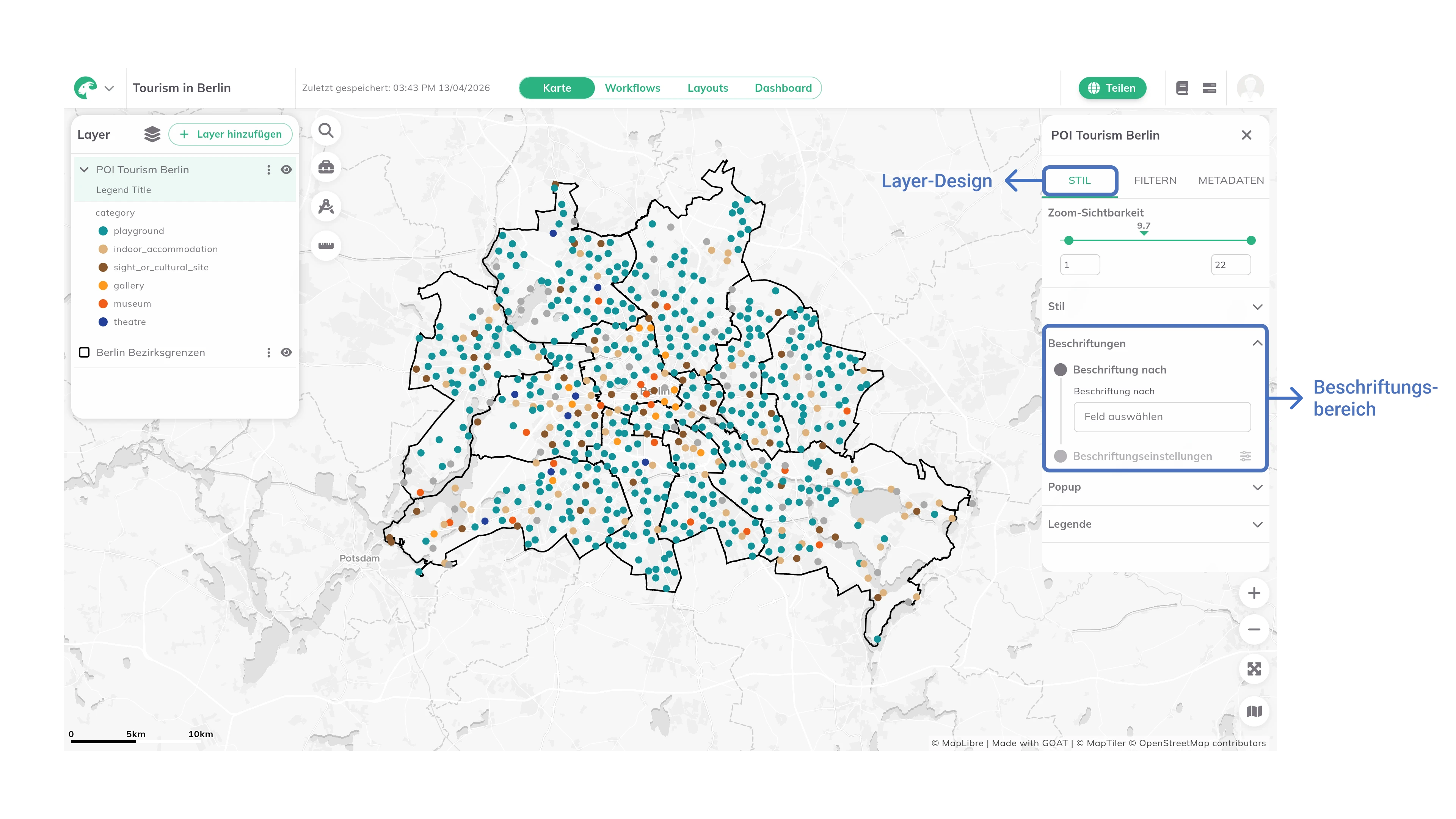 Beschriftungen auf Karten-Features angezeigt