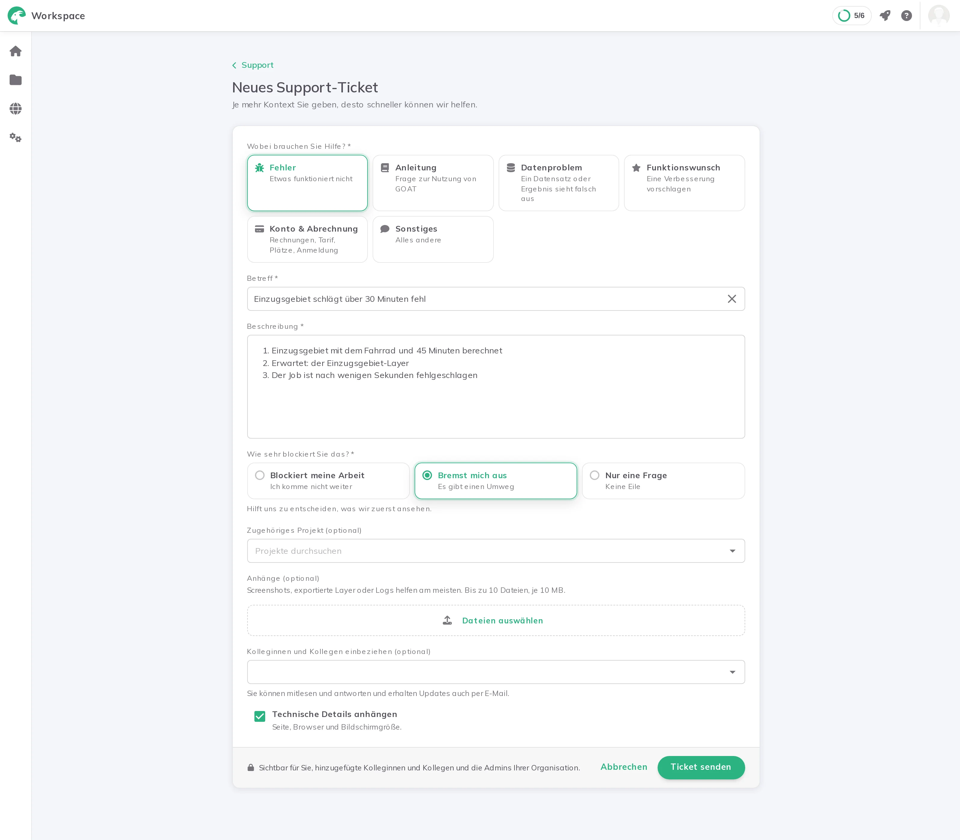 Das Formular Neues Support-Ticket