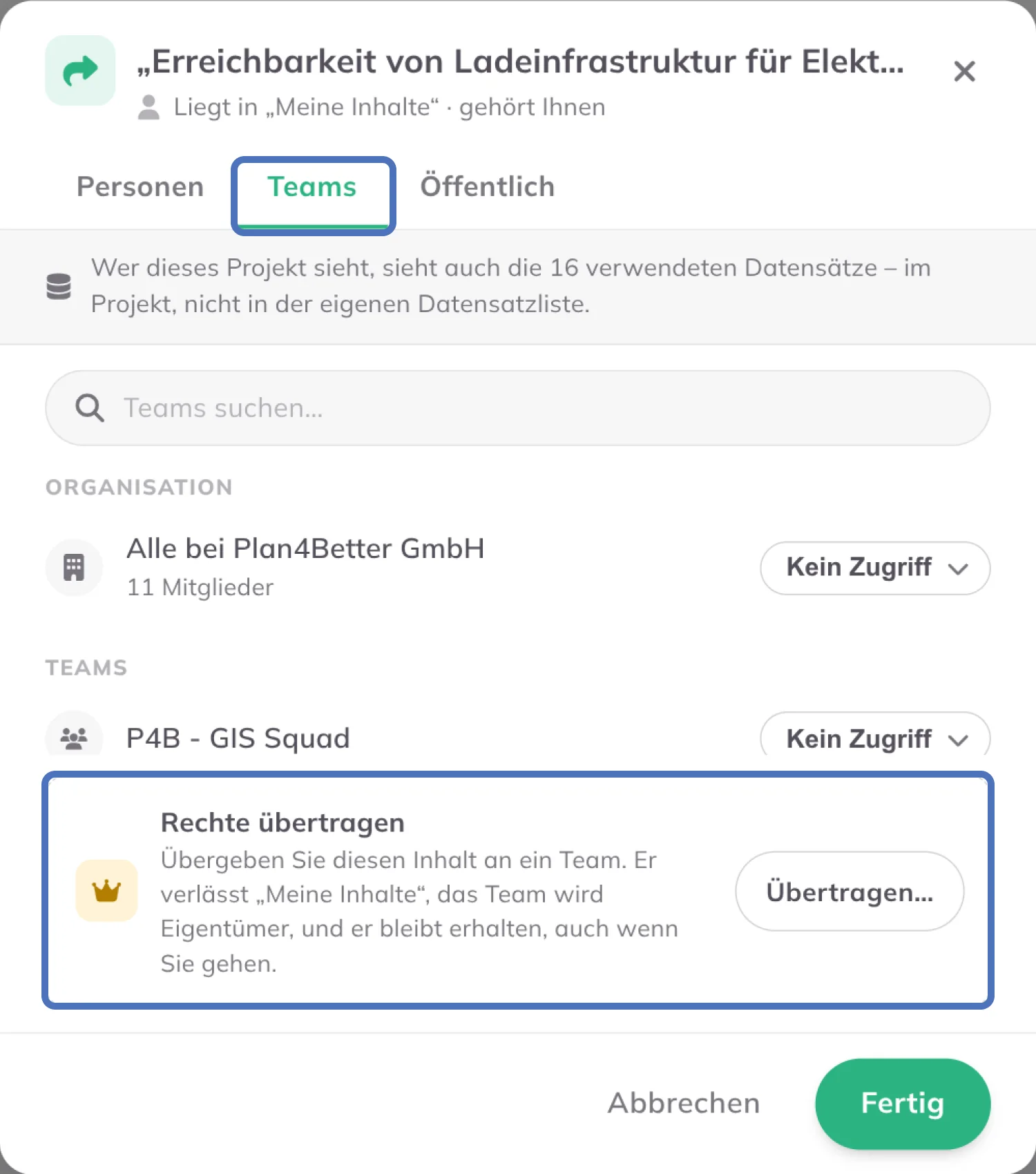 Rechte übertragen im Tab Teams des Teilen-Dialogs